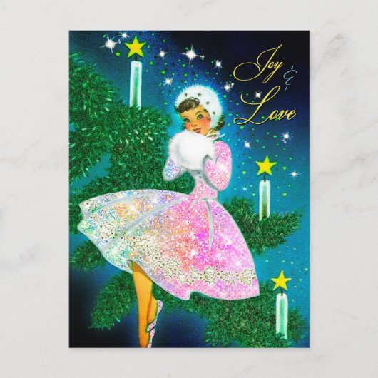 Vintage kerstkaars meisje iriserende glitter briefkaart (Voorkant)