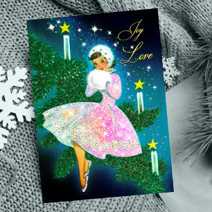 Vintage kerstkaars meisje iriserende glitter feestdagenkaart