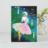 Vintage kerstkaars meisje iriserende glitter kaart (Staand voorkant)