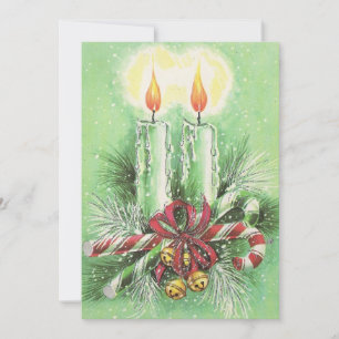 Vintage kerstkaarsen, cellen en snoepkannen feestdagenkaart