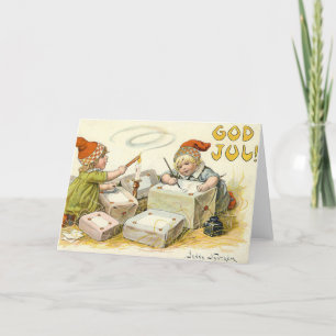 Vintage-kerstkaart Gnomes Norway God Jul Feestdagen Kaart
