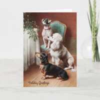 Vintage Kerstkaart, Honden bij Kerstmis