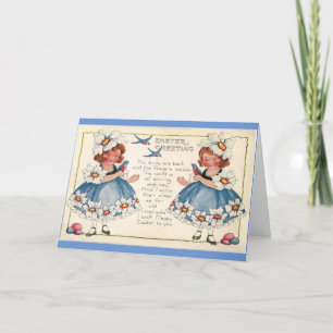 Vintage kerstkaart met kleine meisjes en vogels feestdagen kaart