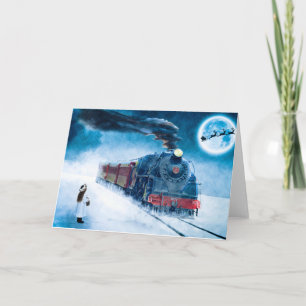 Vintage kerstkaart met meisje en trein feestdagen kaart