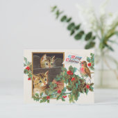 Vintage-kerstkat en Holly Berry Briefkaart (Staand voorkant)