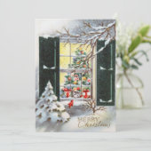 Vintage kerstkat in raam feestdagenkaart (Staand voorkant)