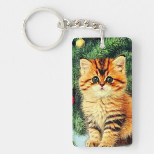 Vintage kerstkat sleutelhanger