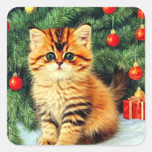 Vintage kerstkat vierkante sticker