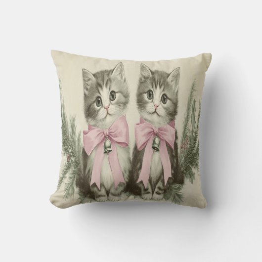 Vintage Kerstkatten met Roze Strikken Kussen (Voorkant)