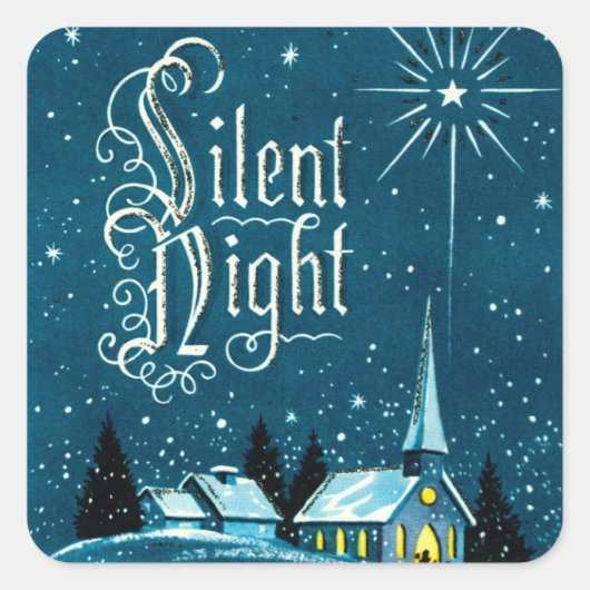 Vintage Kerstkerkkerk Silent Night Vierkante Sticker (Voorkant)