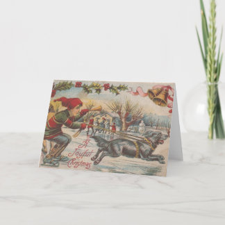 Vintage kerstkerstijsschaatsen met de hond feestdagen kaart