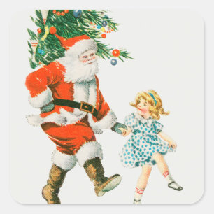 Vintage kerstkerstkerstkerstkerstman en klein meis vierkante sticker
