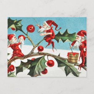 Vintage-kerstkerstkerstkerstman Elf en Holly Berry Briefkaart