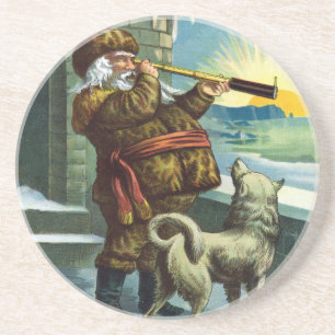 Vintage kerstkerstkerstkerstman Telescope Dog Suns Zandsteen Onderzetter