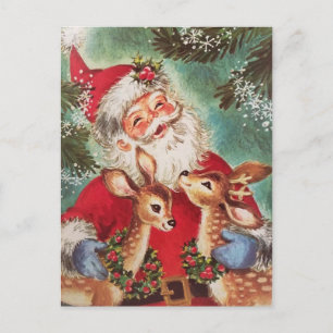 Vintage kerstkerstkerstman met rendier feestdagenkaart