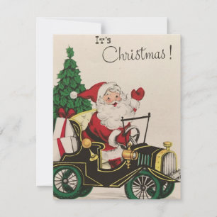 Vintage kerstkerstkerstman rijdende auto feestdagenkaart