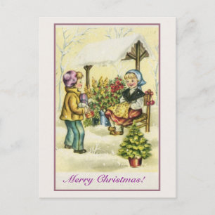 Vintage kerstkinderen bloemen boom feestdagenkaart