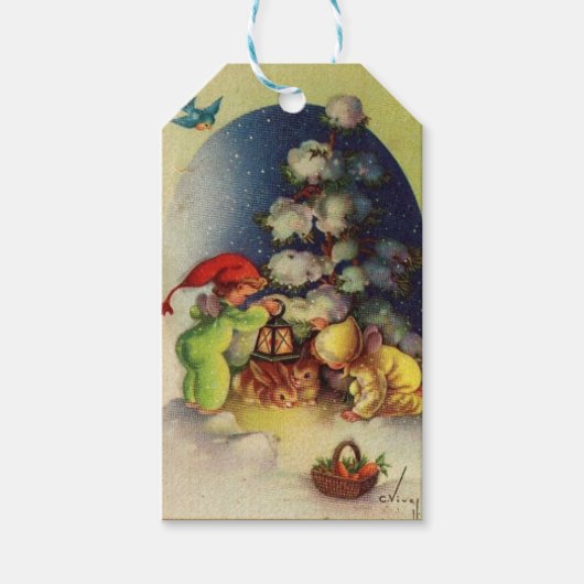Vintage kerstkinderen die Bunnies eten Cadeaulabel (Voorkant)
