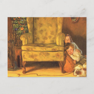 Vintage kerstkinderen die wachten op kerstmis feestdagenkaart