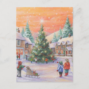 Vintage kerstkinderen in de sneeuw feestdagenkaart