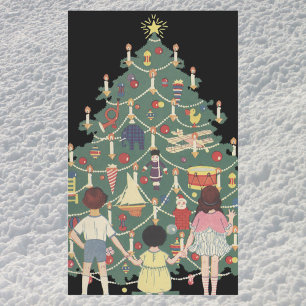 Vintage kerstkinderen rond een gedecorreerde boom rechthoekige sticker