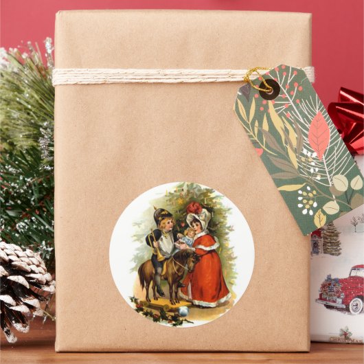 Vintage kerstkinderen ronde sticker (Feestdagen)