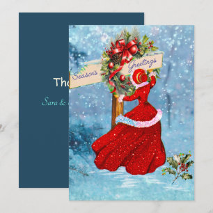 Vintage Kerstkrans rode glitter meisje Bedankkaart