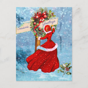 Vintage Kerstkrans rode glitter meisje sneeuw Briefkaart