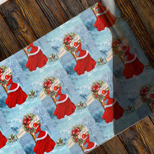Vintage Kerstkrans rode glitter meisje sneeuw Cadeaupapier