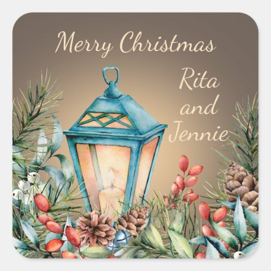 Vintage kerstlantaarnstaarster vierkante sticker (Voorkant)