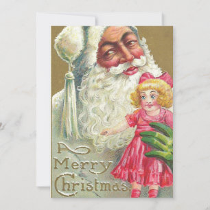 Vintage-kerstlek Santa Holding Doll Feestdagenkaart