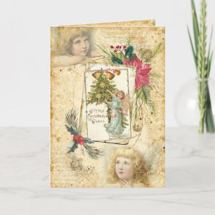 Vintage Kerstman Angels, Holly & Poinsettias Feestdagen Kaart