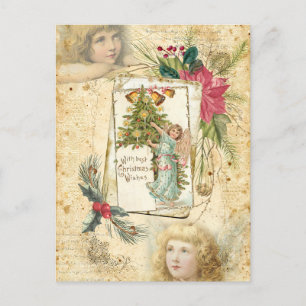 Vintage Kerstman Angels, Holly & Poinsettias Feestdagenkaart