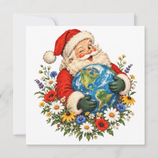 Vintage Kerstman die de Aarde omhelst met wilde bl Feestdagenkaart
