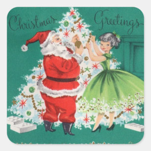 Vintage kerstman en meisjes die de boom decorteren vierkante sticker