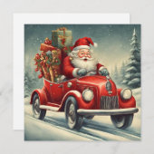 Vintage Kerstman in Rode Auto Feestdagenkaart (Voorkant / Achterkant)