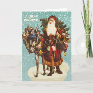 Vintage Kerstman met Ezelboom en Speelgoed Kaart