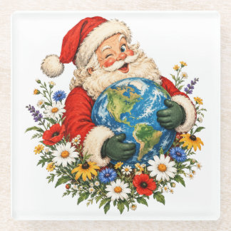 Vintage Kerstman omhelst de aarde met wilde bloeme Glazen Onderzetter