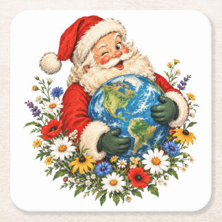 Vintage Kerstman omhelst de aarde met wilde bloeme Vierkante Kartonnen Onderzetter