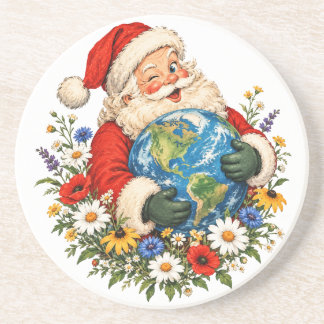 Vintage Kerstman omhelst de aarde met wilde bloeme Zandsteen Onderzetter