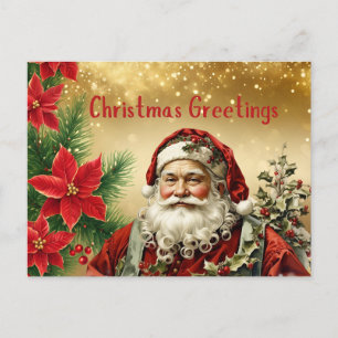 Vintage Kerstman, Rode Poinsettia Feestdagenkaart