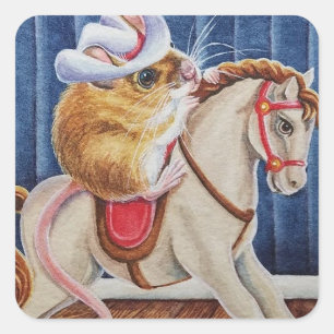 Vintage kerstman Speelgoed Rocking Horse Mouse Art Vierkante Sticker