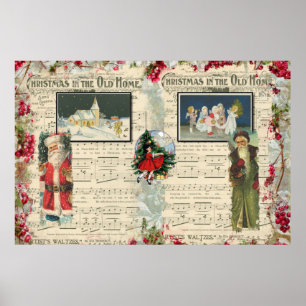 Vintage Kerstmannetjes, Kinderen, Muzieknoten Poster