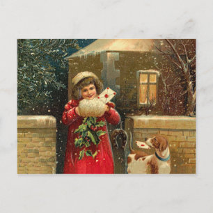 Vintage kerstmeisje en hond feestdagenkaart