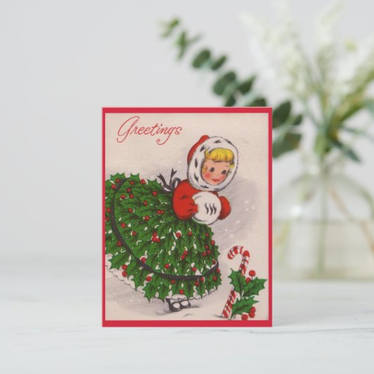 Vintage-kerstmeisje Feestdagenkaart (Staand voorkant)