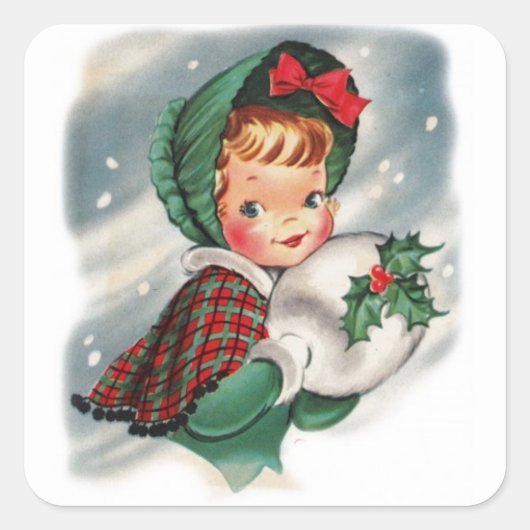 Vintage kerstmeisje Holding Holly Vierkante Sticker (Voorkant)