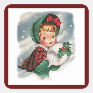 Vintage kerstmeisje Holding Holly Vierkante Sticker