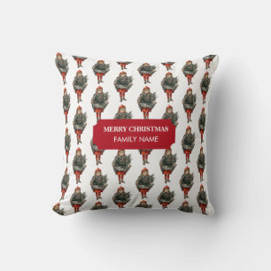 Vintage-kerstmeisje & Holly Berries Eigen naam Kussen