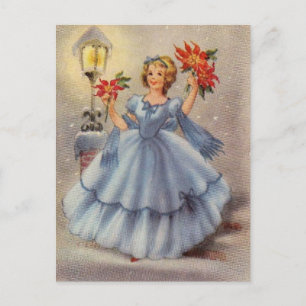 Vintage kerstmeisje in blauw dress feestdagenkaart