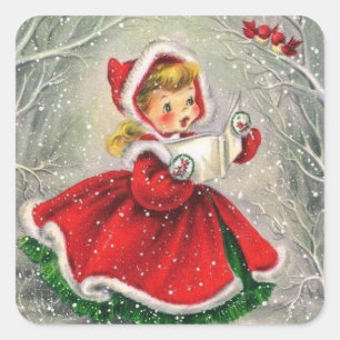 Vintage-kerstmeisje met de geboorte vierkante sticker